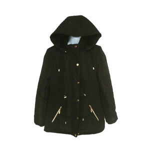 Le  Grenier Quilted Hooded Wind/Water Resistant Coat with Gold Metal Accents M